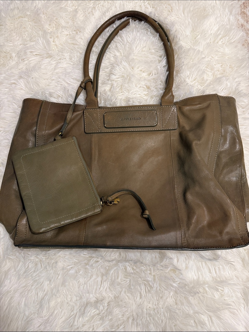 Lucky Brand Olive Brown Leather Tote with Removable Pouch